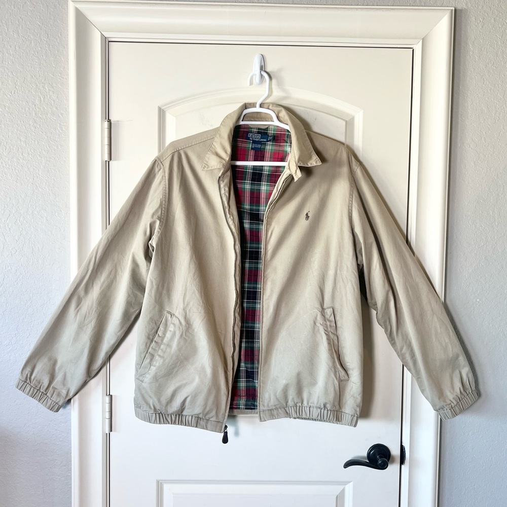 Vintage Polo Ralph Lauren Khaki Harrington Cotton Jacket w Plaid Lining 2XL Tall